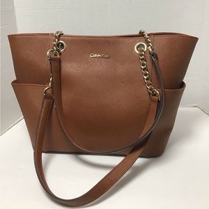 Calvin Klein Saffiano leather gold chain handle/ leather tote bag.